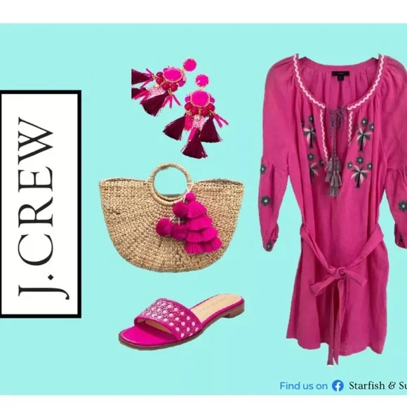J. Crew | Dresses | Jcrew Boho Pink Linen Embroidered Palm Tree Belted Dress  With Tassels Size M